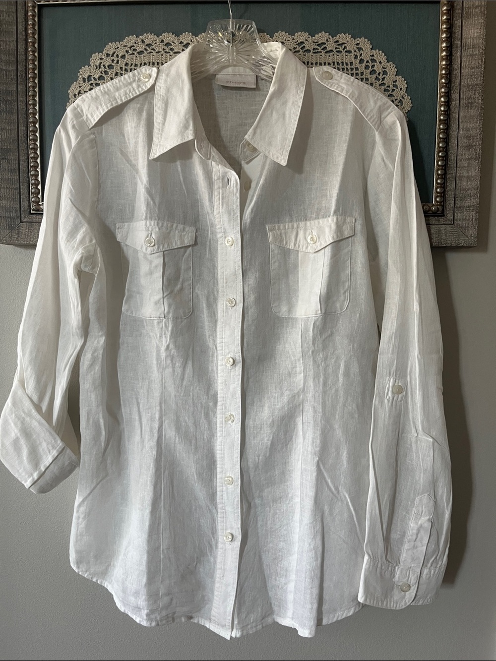 Chico's White Casual Linen Button-Down Shirt